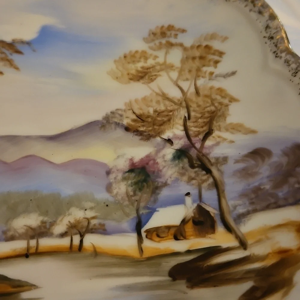 WALES MCM Japanese Handpainted Country Scene Scallop Porcelain Wall Plates